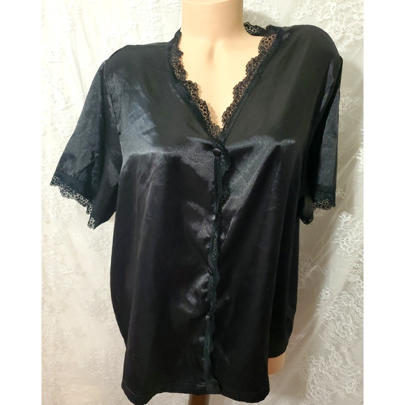 LUXURIOUS SLEEP SHIRT Button Down Kimono SHINY BLACK SATIN Lace WOMEN'S PLUS 1X - Picture 4 of 9